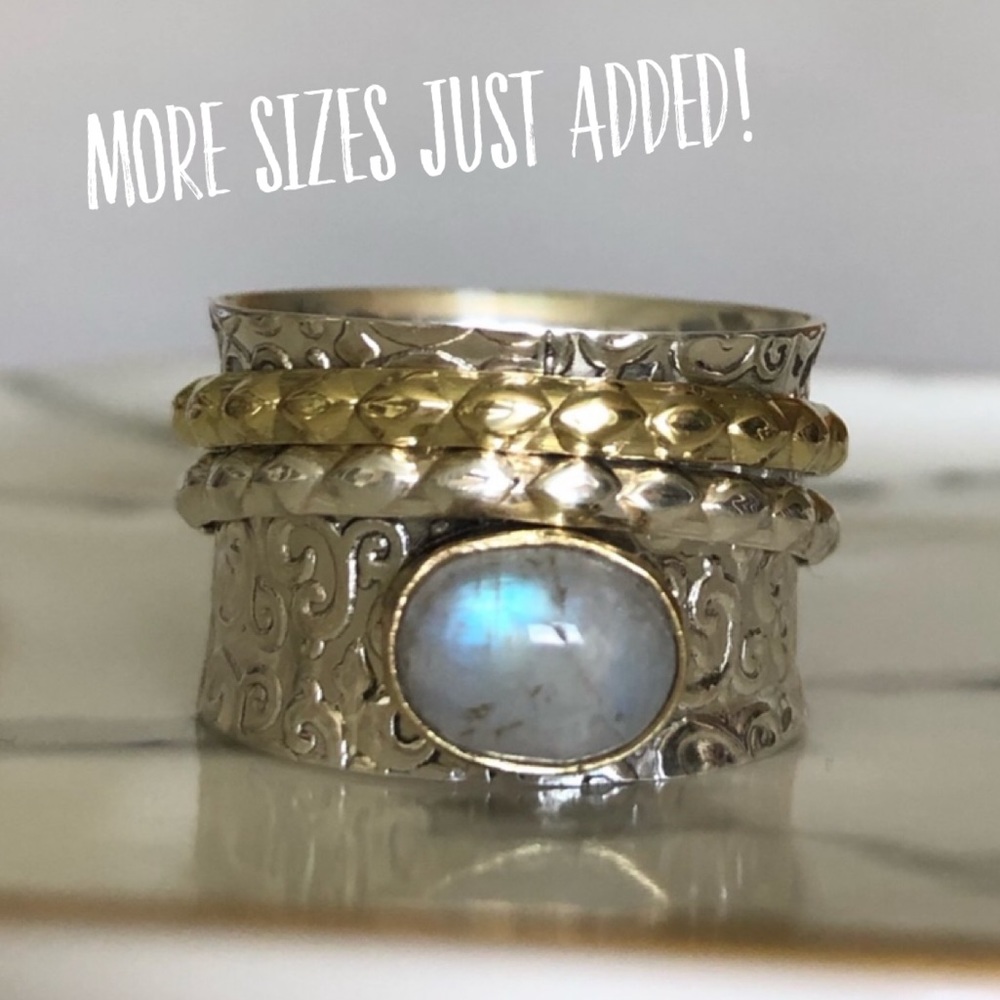 🆕 Ring Moonstone Sterling Silver Spinner 2-tone